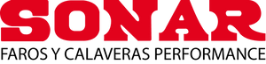 Logotipo de ‘SONAR’ en letras grandes y rojas, con el eslogan ‘FAROS Y CALAVERAS PERFORMANCE’ en un tamaño de letra más pequeño debajo, todo sobre un fondo blanco.