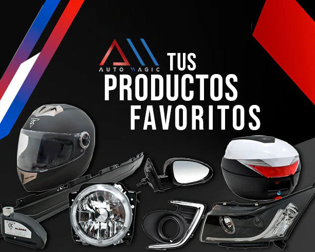 Anuncio de Auto Magic destacando ‘Tus Productos Favoritos’ con varios accesorios de coche y moto sobre un fondo oscuro.”