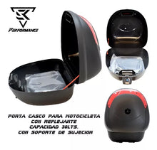 Cargar imagen en el visor de la galería, Porta casco para motocicleta de plastico y reflejate capacidad 30lts. con soporte de sujeción.