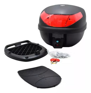 Porta casco para motocicleta de plastico y reflejate capacidad 30lts. con soporte de sujeción.